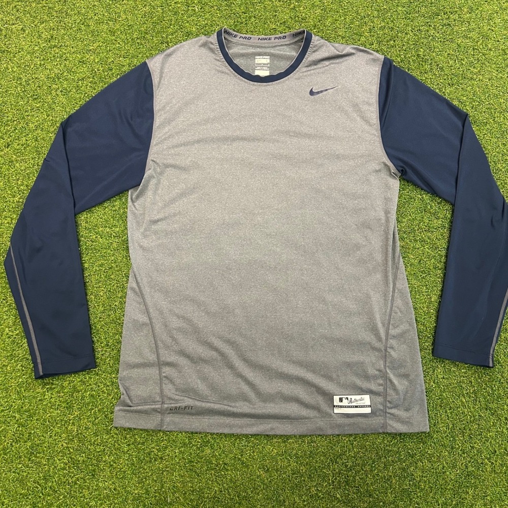 Nike Pro MLB Authentic Collection Dri-FIT Long Sleeve Shirt Mens Large Grey Navy